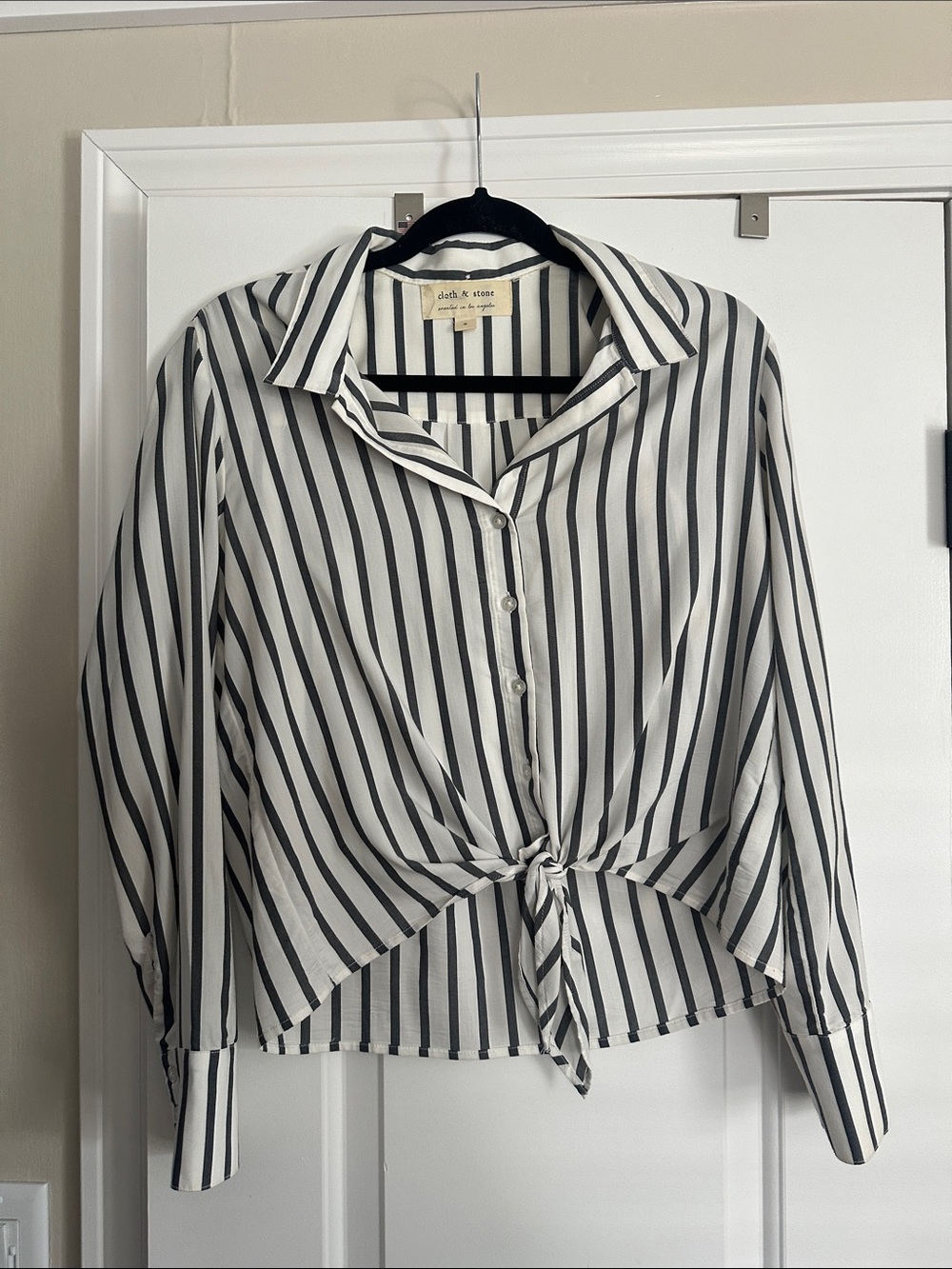 cloth & stone Black and White Vertical-Stripe Tie-Front Button Shirt